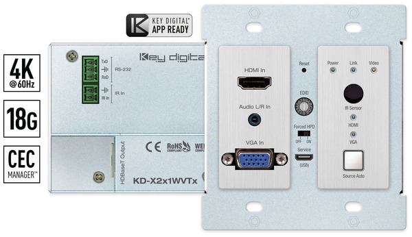 2X1 4K/18G 40M HDBASET POH DUAL-GANG WALL PLATE SWITCHER W/ HDMI & VGA, IR, RS-232. TRANSMITTER ONLY